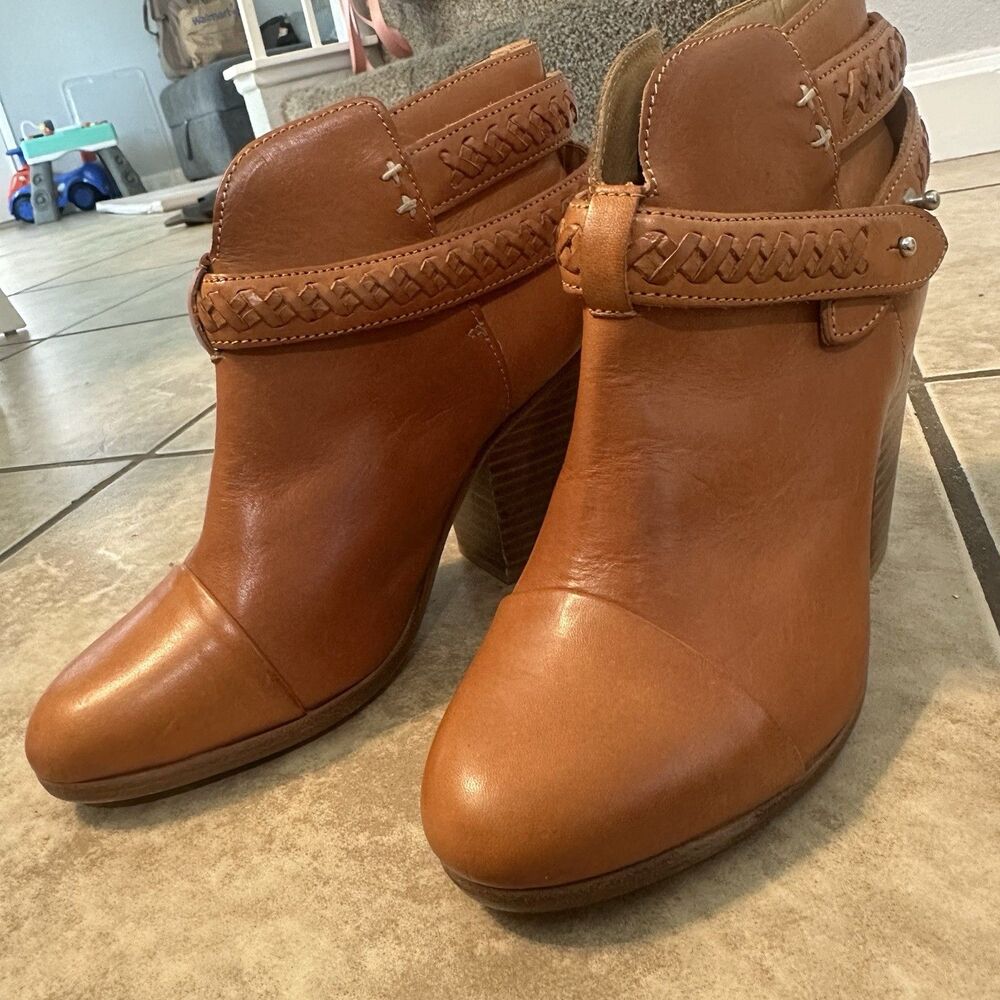 Rag & Bone Harrow Leather Ankle Booties Cognac Brown Braided Strap Heeled US 5